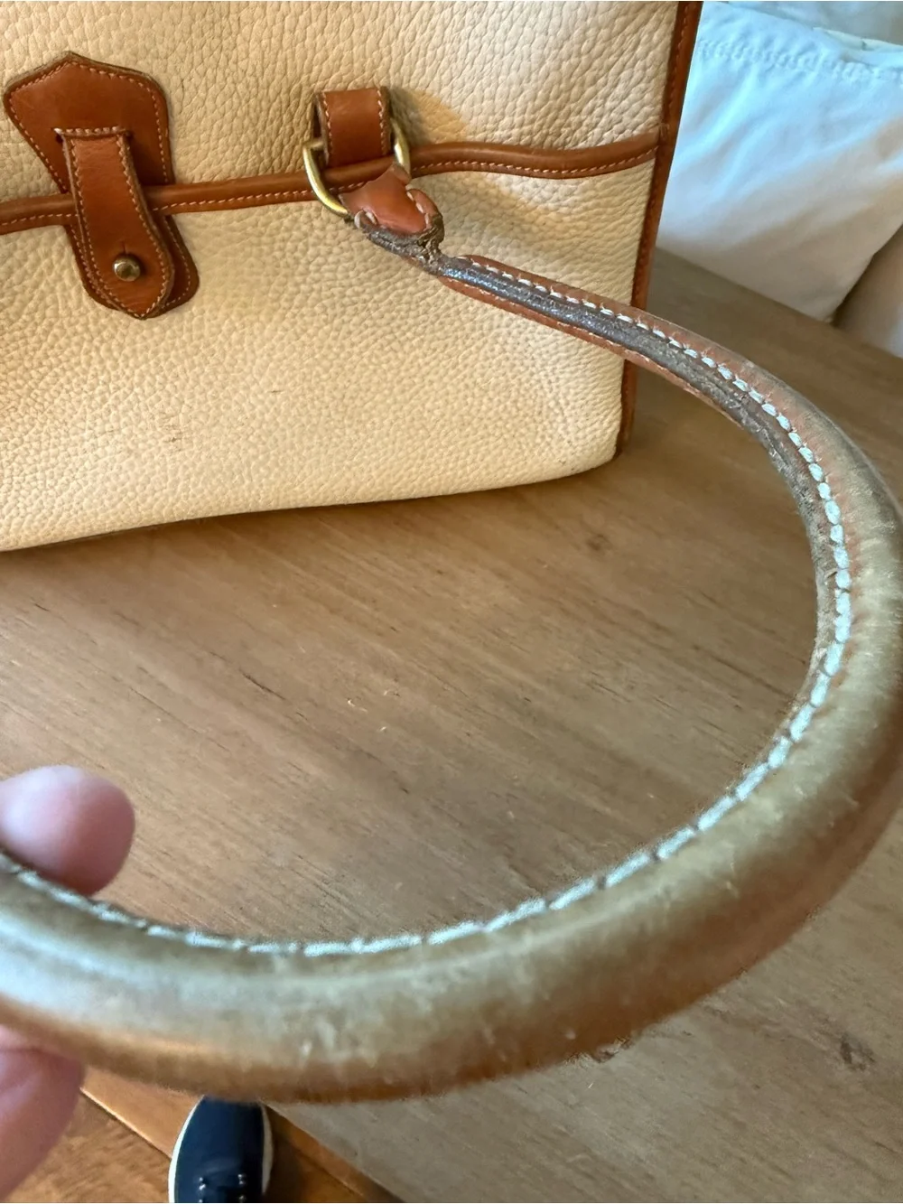 Leather-Trim Cream Tote Bag with Brown Accents
